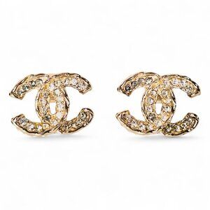 CHANEL Gold Twisted Crystal Earrings CC Logo Pierced Studs